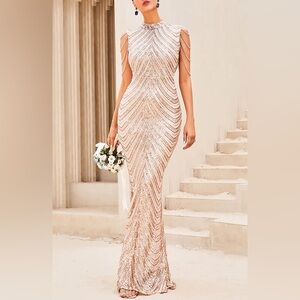 Luxe beaded mermaid hem party formal evening sequins gown dress